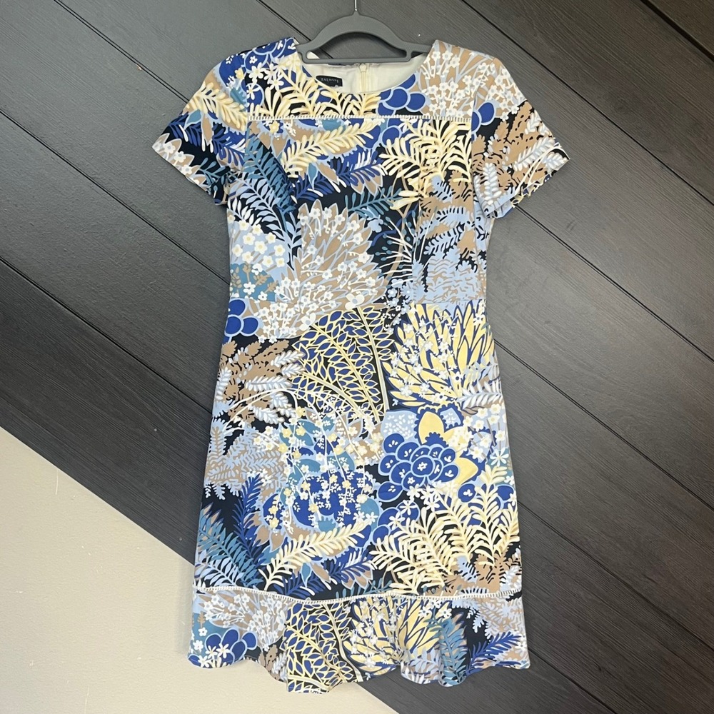 Talbots Women's Floral Print Ruffle Hem Sheath Dress Size 4 Blue Tan Yellow